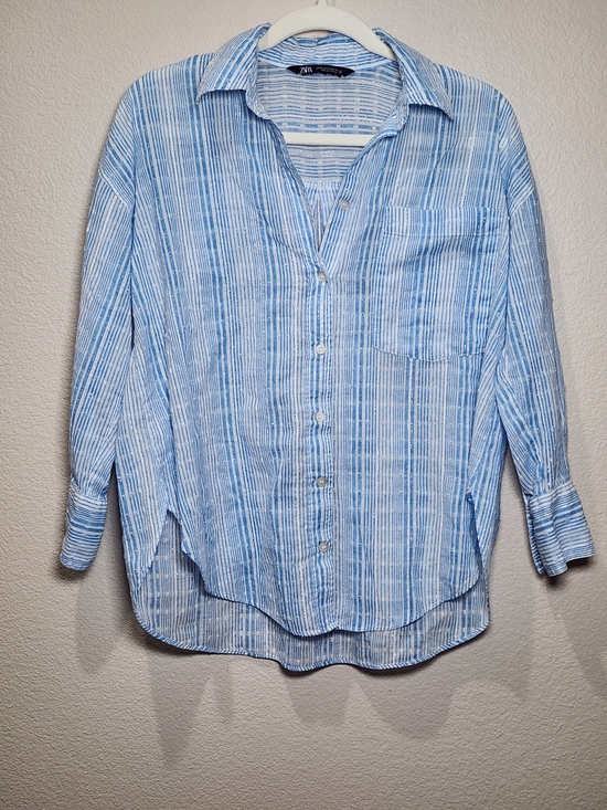 Zara Tops - Oversized Button Up Zara Light Blue and White Striped Button Down Shirt